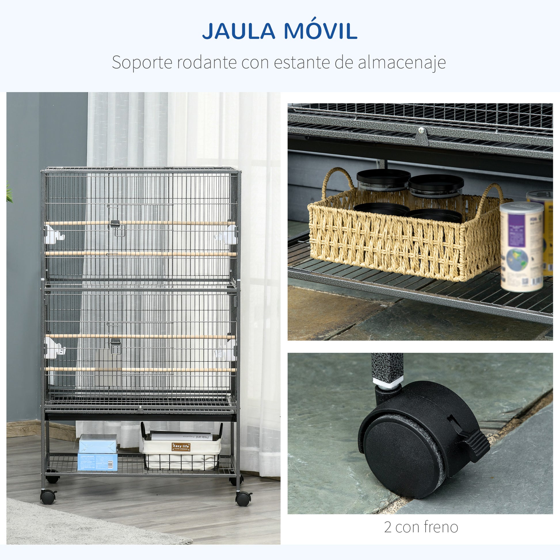 Bird Cage with Wheels Metal Birdcage with Removable Tray 4 Doors 4 Feeders 4 Perches and Storage Shelf Cage for Canaries Budgies 78x52x132 cm Dark Gray