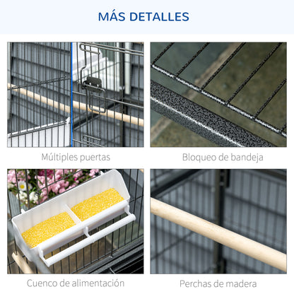 Bird Cage with Wheels Metal Birdcage with Removable Tray 4 Doors 4 Feeders 4 Perches and Storage Shelf Cage for Canaries Budgies 78x52x132 cm Dark Gray