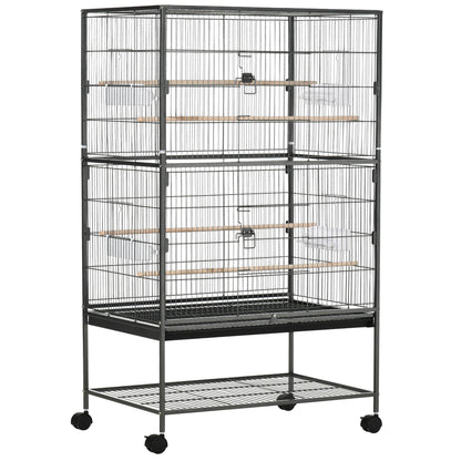 Bird Cage with Wheels Metal Birdcage with Removable Tray 4 Doors 4 Feeders 4 Perches and Storage Shelf Cage for Canaries Budgies 78x52x132 cm Dark Gray