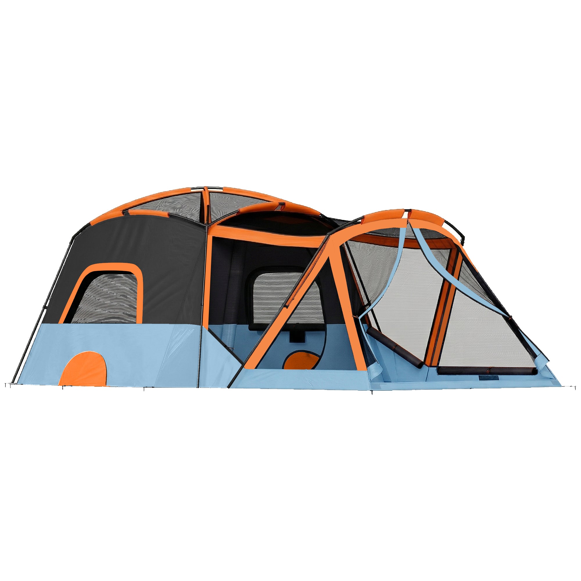 4-Person Tunnel Family Tent with Separate Sleeping & Living Areas, Skylights, PE Groundsheet, 3000 mm Waterproof – Orange/Blue