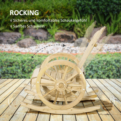 Rocking Chair, Rustic Relax Chair, Garden Chair with Wheel-Design, Rocking Armchair, Solid Wood, Natural Wood, 68 x 88 x 92 cm