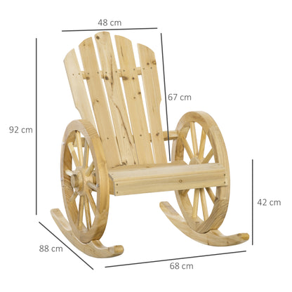 Rocking Chair, Rustic Relax Chair, Garden Chair with Wheel-Design, Rocking Armchair, Solid Wood, Natural Wood, 68 x 88 x 92 cm
