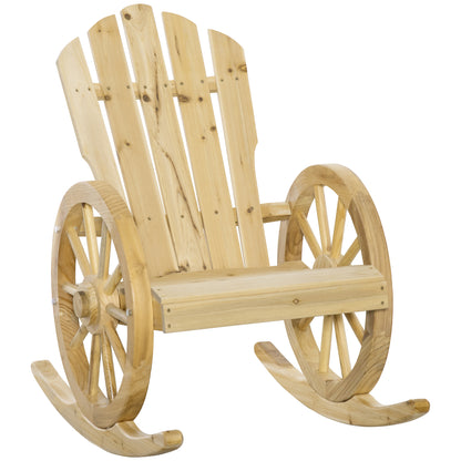 Rocking Chair, Rustic Relax Chair, Garden Chair with Wheel-Design, Rocking Armchair, Solid Wood, Natural Wood, 68 x 88 x 92 cm