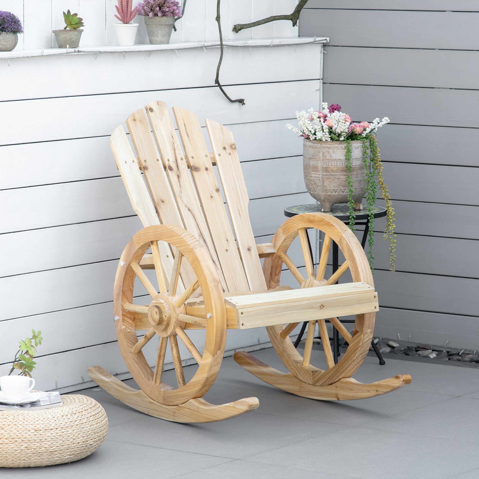 Rocking Chair, Rustic Relax Chair, Garden Chair with Wheel-Design, Rocking Armchair, Solid Wood, Natural Wood, 68 x 88 x 92 cm