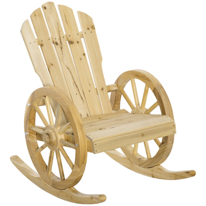 Rocking Chair, Rustic Relax Chair, Garden Chair with Wheel-Design, Rocking Armchair, Solid Wood, Natural Wood, 68 x 88 x 92 cm