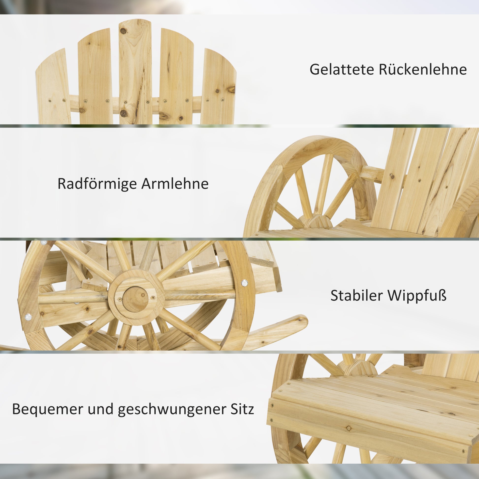Rocking Chair, Rustic Relax Chair, Garden Chair with Wheel-Design, Rocking Armchair, Solid Wood, Natural Wood, 68 x 88 x 92 cm