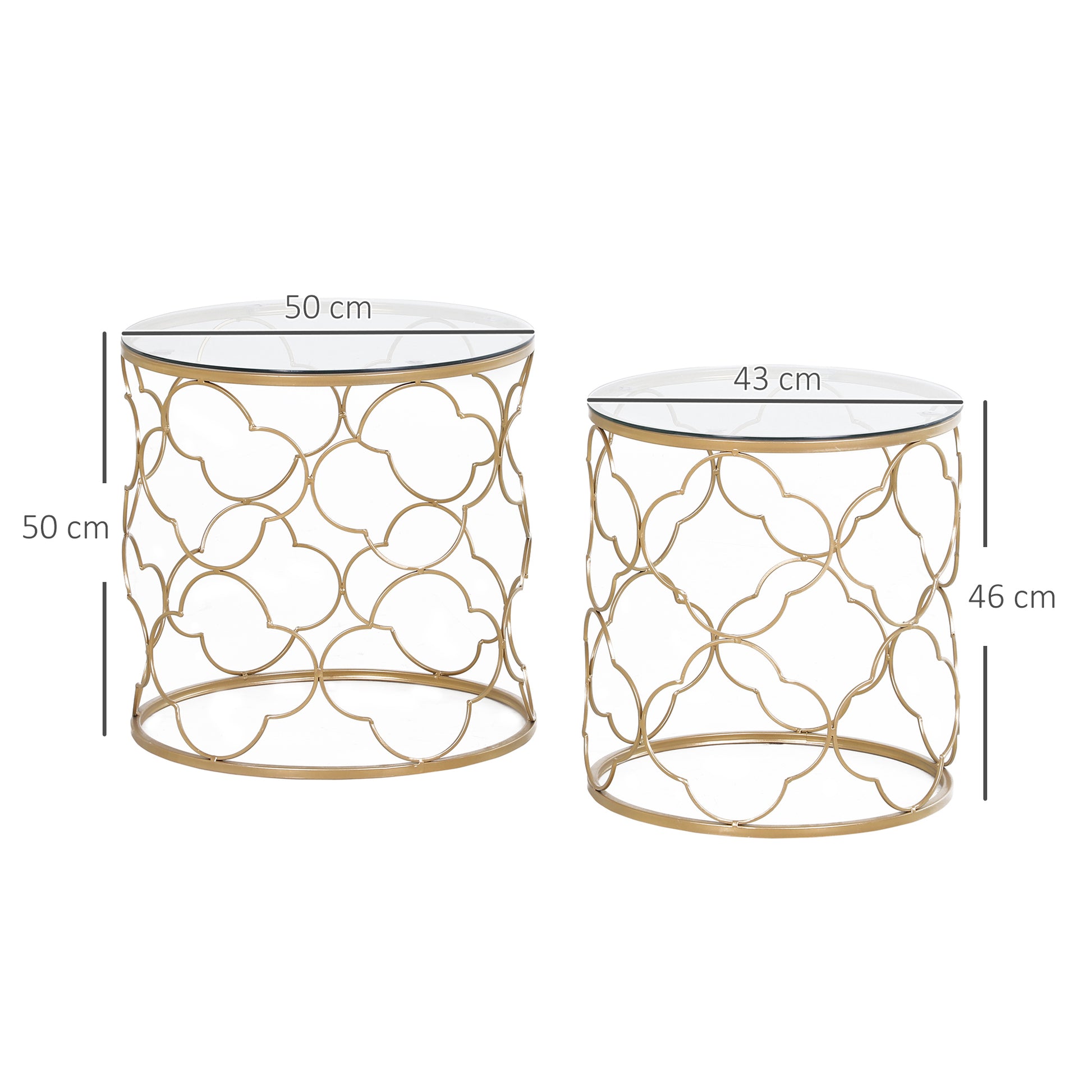 Set of 2 Art Deco Stackable Living Room Coffee Tables, Metal with Tempered Glass Top, Gold