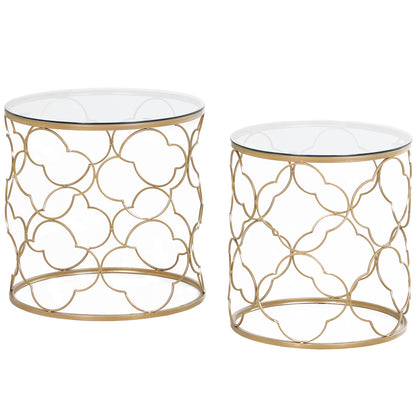 Set of 2 Art Deco Stackable Living Room Coffee Tables, Metal with Tempered Glass Top, Gold