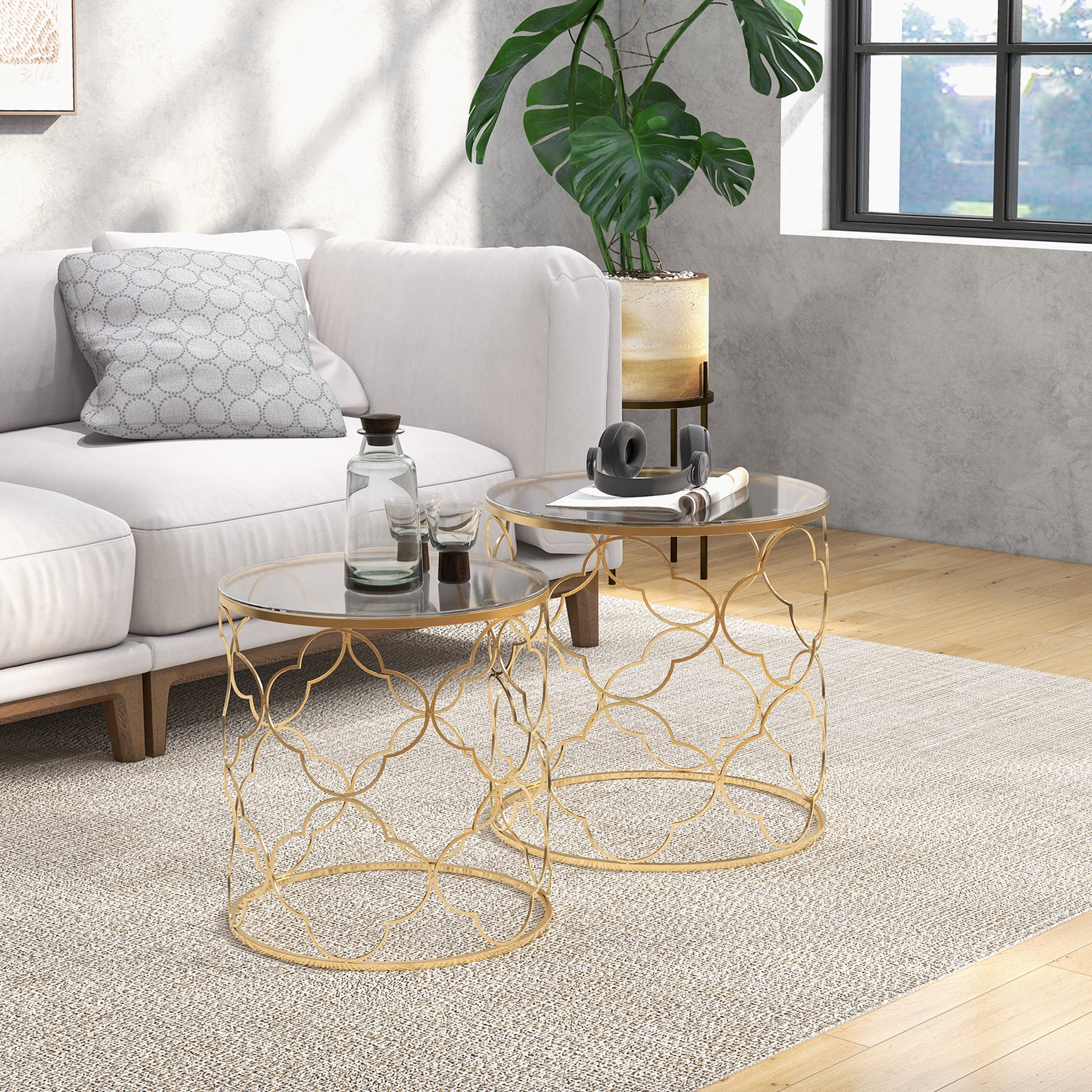 Set of 2 Art Deco Stackable Living Room Coffee Tables, Metal with Tempered Glass Top, Gold