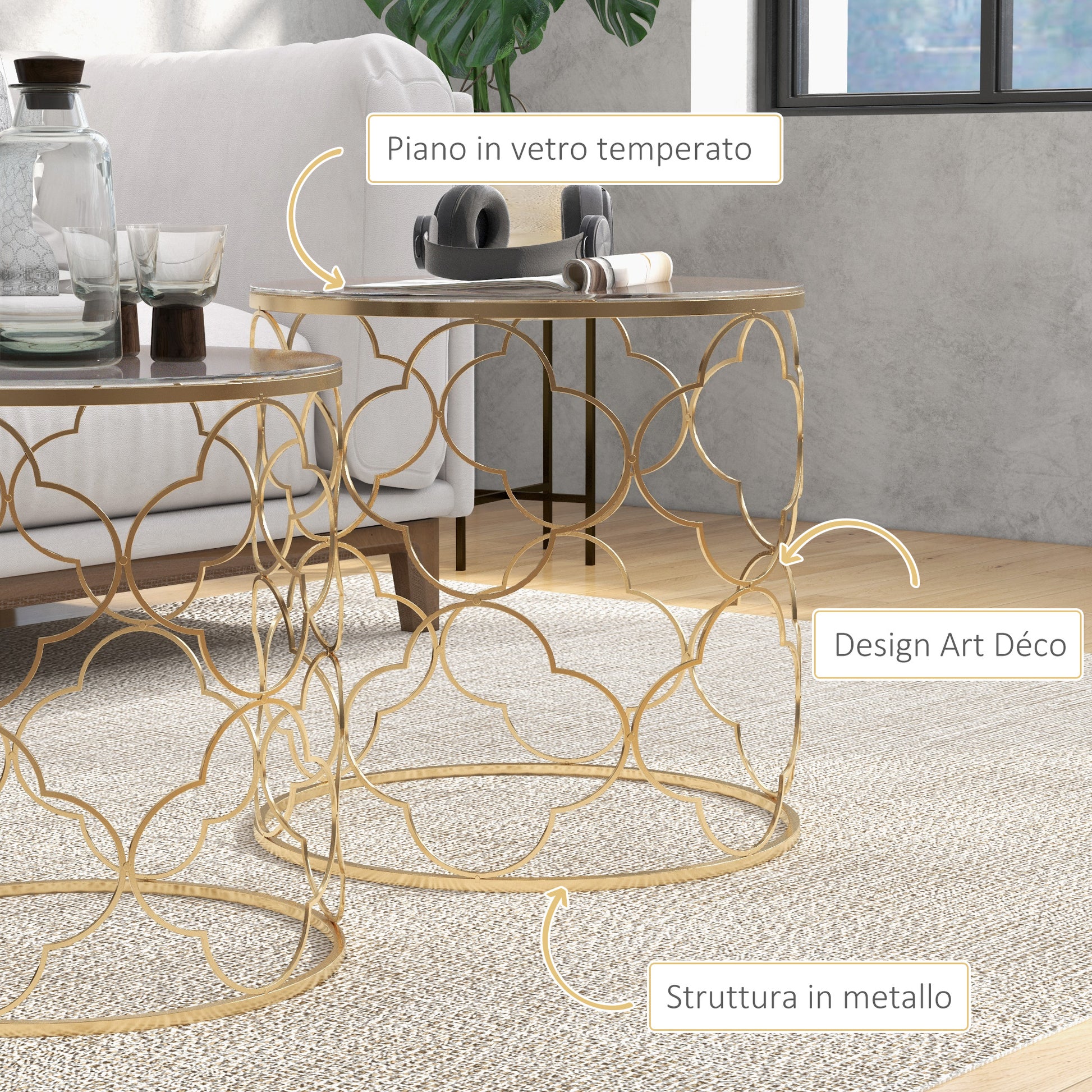 Set of 2 Art Deco Stackable Living Room Coffee Tables, Metal with Tempered Glass Top, Gold