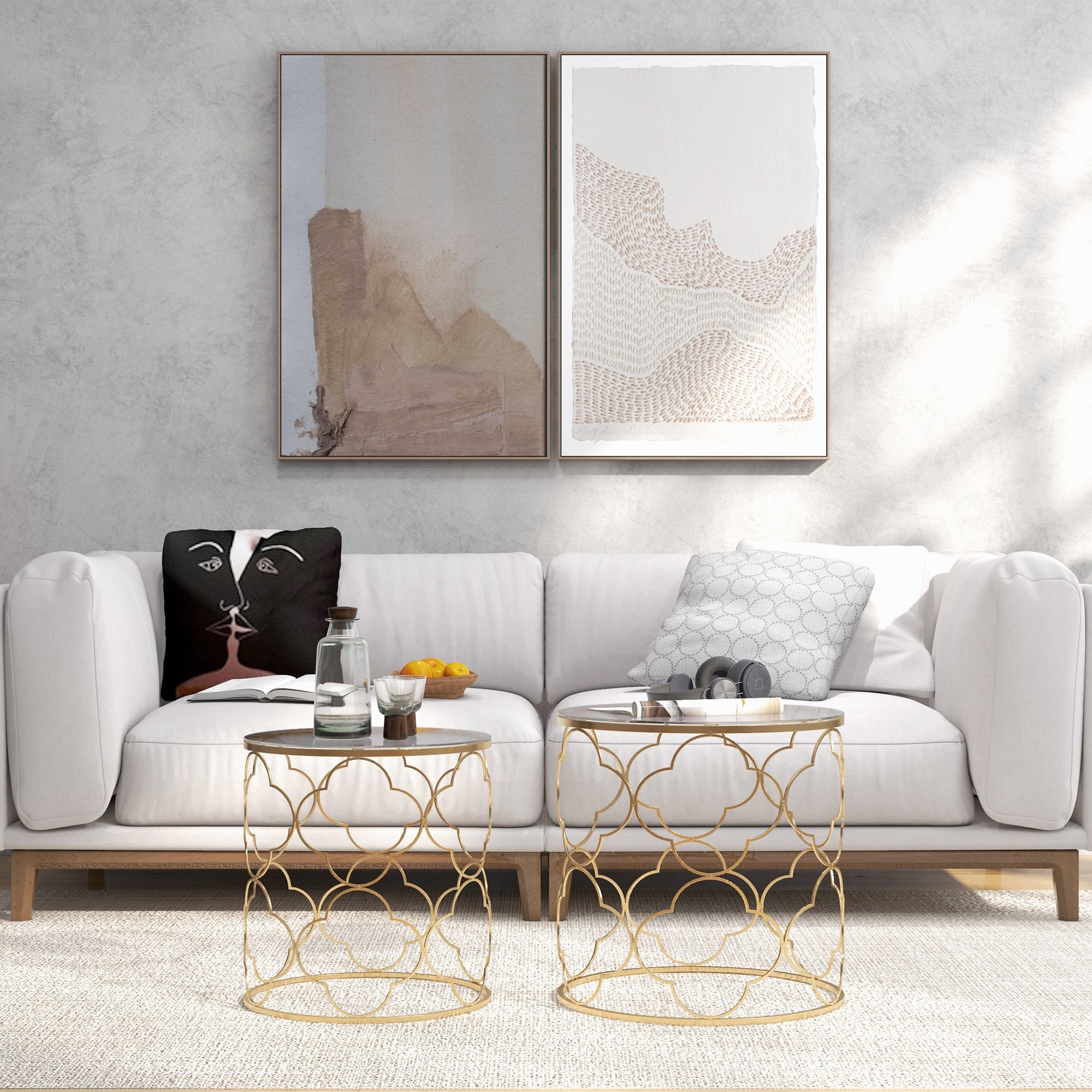 Set of 2 Art Deco Stackable Living Room Coffee Tables, Metal with Tempered Glass Top, Gold