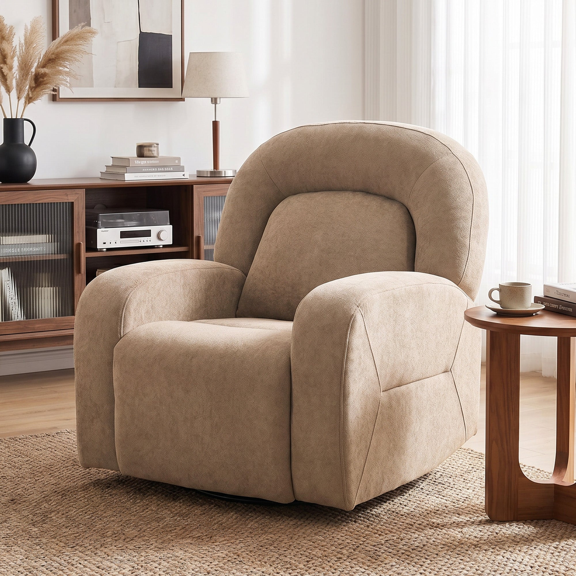 Cloud-Plush Recliner Chair — 360° Swivel, Rock & 135° Recline, Wide Seat, Khaki