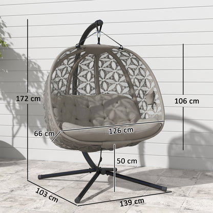 Foldable XXL Egg Hanging Chair with Stand — 2-Person Hanging Basket Swing, Thick Cushion, Cup Holders & Safety Strap — Indoor/Outdoor, Sand (529 lb)