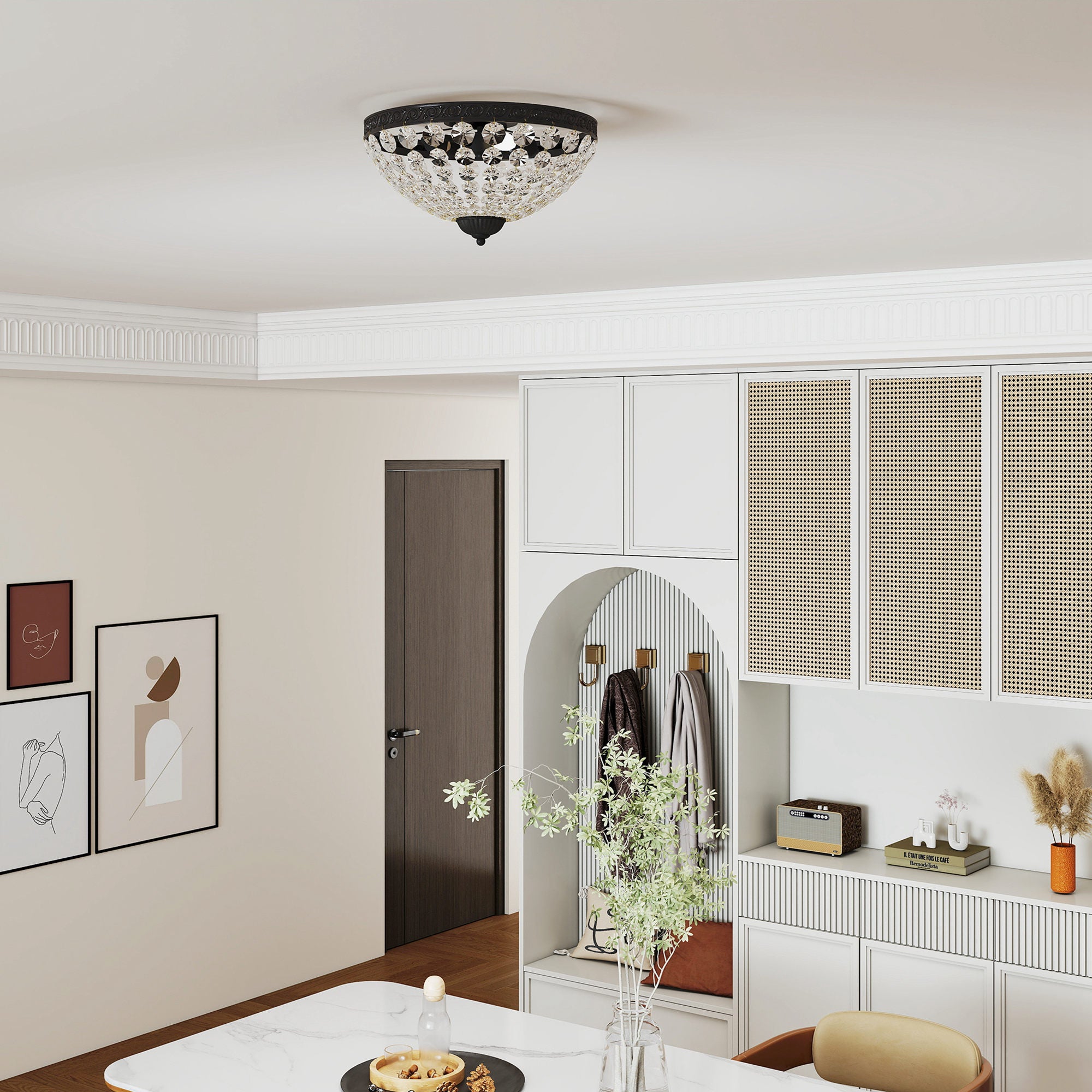 Classic Crystal Ceiling Light with 2 E14 Sockets, 40W, Vintage Flush Mount with 168 Crystal Beads for Bedroom, Living Room, Kitchen and Dining Room, Black