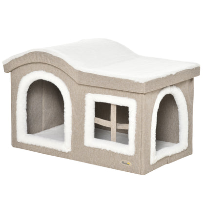 Foldable Indoor Cat House Large Cat Cave with Removable Lid Cushions 2 Entrances and Window Cat Stool 63.5x37x40 cm Beige