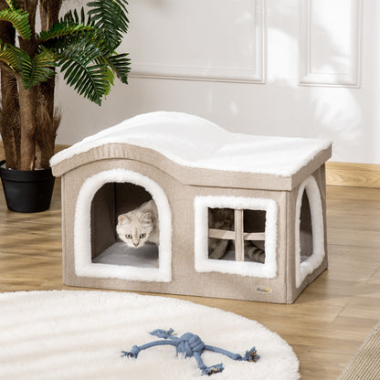 Foldable Indoor Cat House Large Cat Cave with Removable Lid Cushions 2 Entrances and Window Cat Stool 63.5x37x40 cm Beige