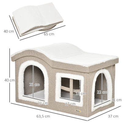 Foldable Indoor Cat House Large Cat Cave with Removable Lid Cushions 2 Entrances and Window Cat Stool 63.5x37x40 cm Beige