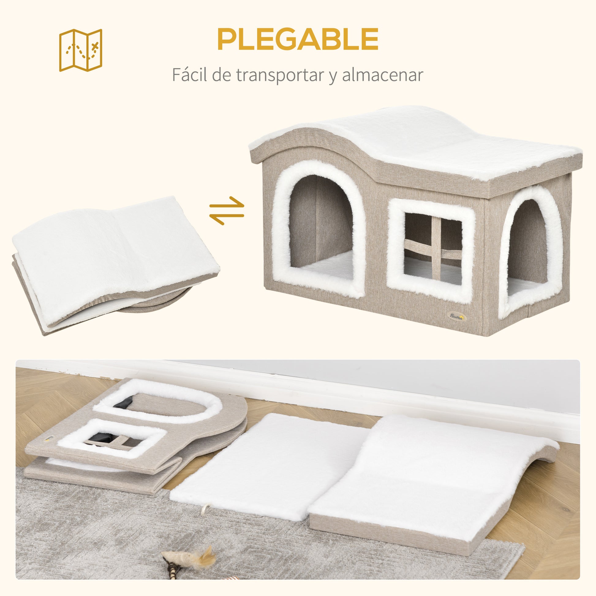 Foldable Indoor Cat House Large Cat Cave with Removable Lid Cushions 2 Entrances and Window Cat Stool 63.5x37x40 cm Beige