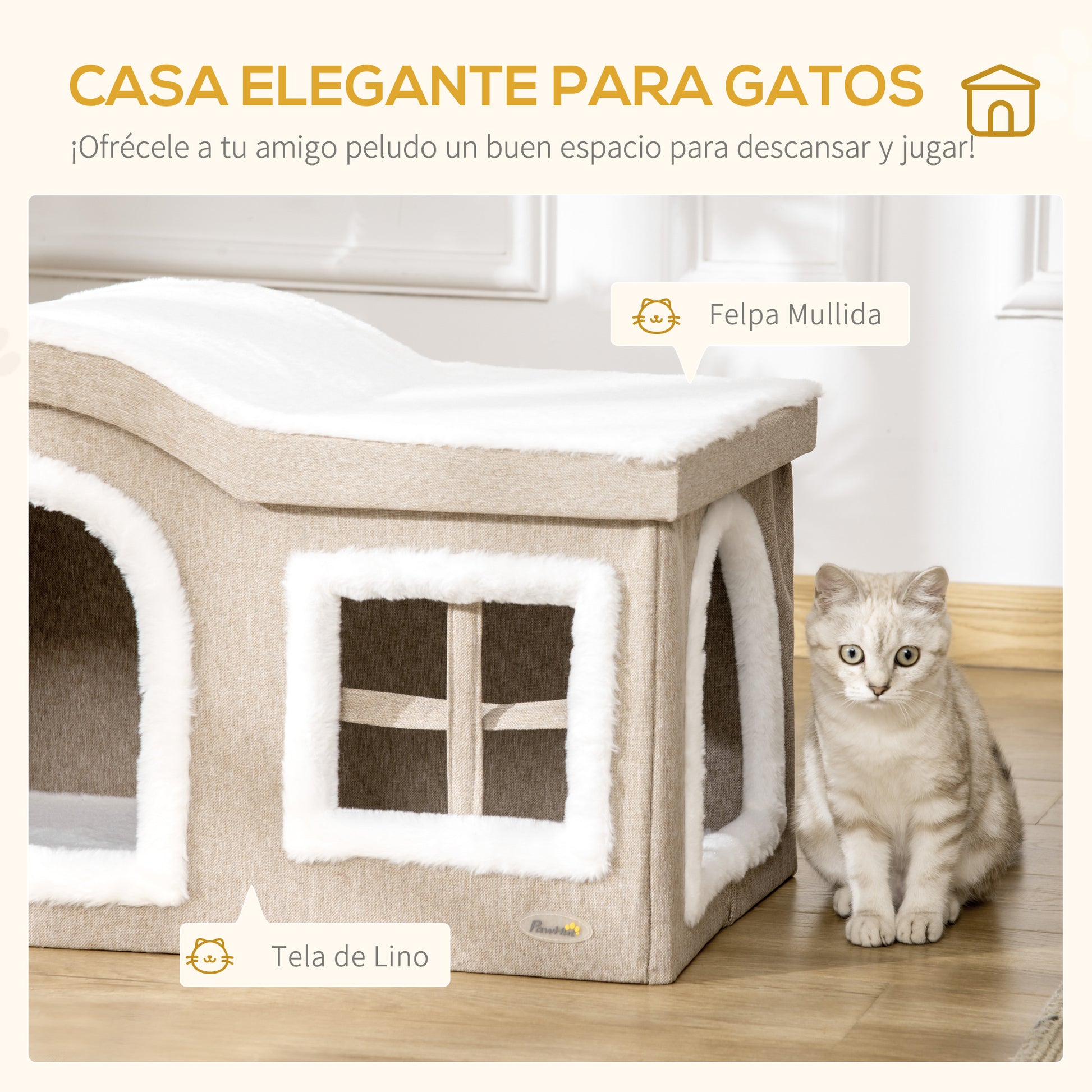 Foldable Indoor Cat House Large Cat Cave with Removable Lid Cushions 2 Entrances and Window Cat Stool 63.5x37x40 cm Beige