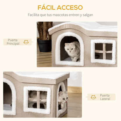 Foldable Indoor Cat House Large Cat Cave with Removable Lid Cushions 2 Entrances and Window Cat Stool 63.5x37x40 cm Beige