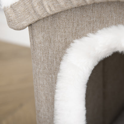 Foldable Indoor Cat House Large Cat Cave with Removable Lid Cushions 2 Entrances and Window Cat Stool 63.5x37x40 cm Beige
