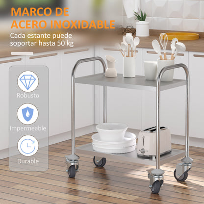 Stainless Steel Utility Cart with Wheels Kitchen Cart with Trays and 2 Arms for Dining Room Living Room 70.5x40.5x81 cm Silver