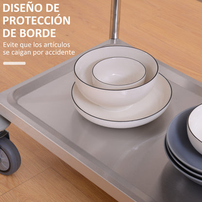 Stainless Steel Utility Cart with Wheels Kitchen Cart with Trays and 2 Arms for Dining Room Living Room 70.5x40.5x81 cm Silver