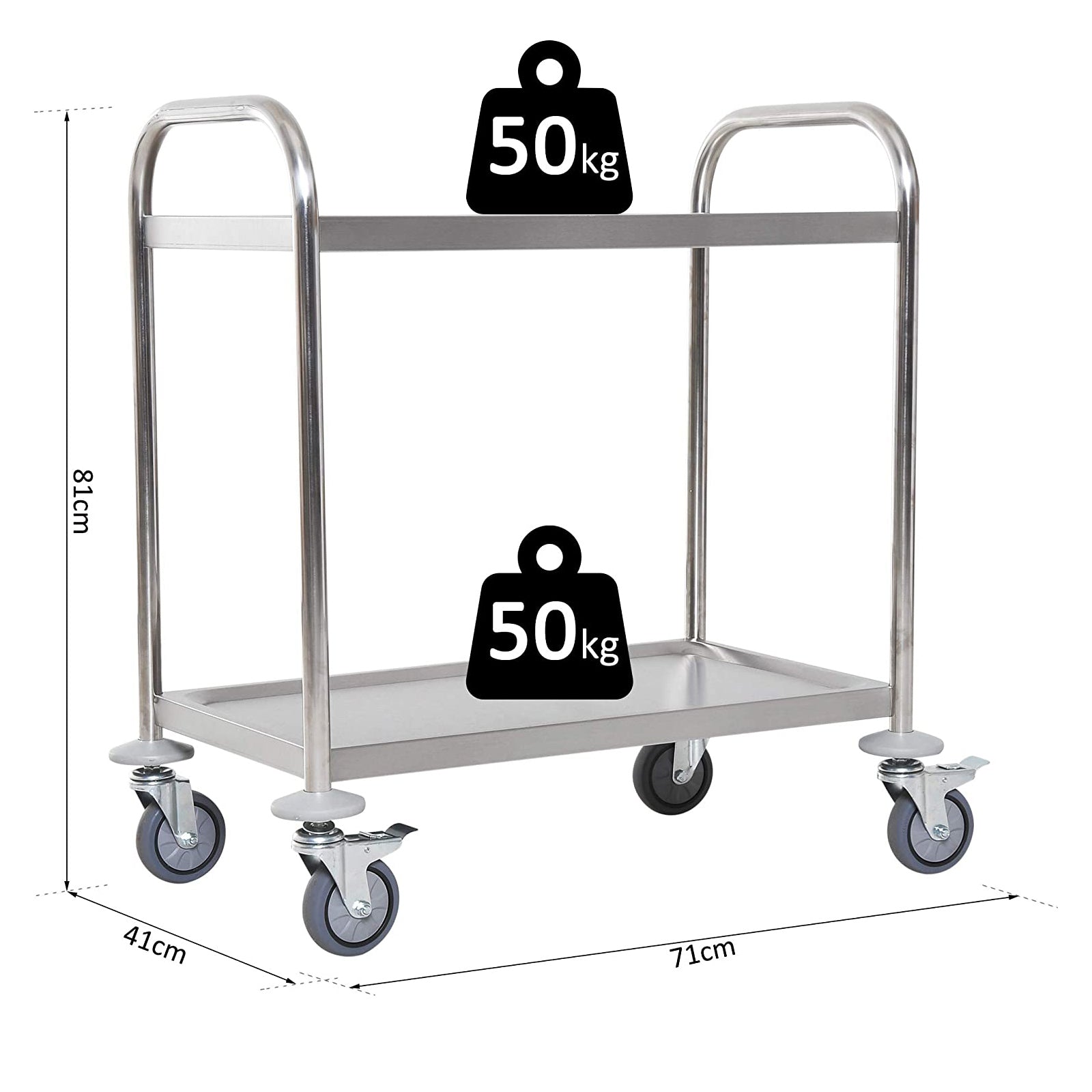Stainless Steel Utility Cart with Wheels Kitchen Cart with Trays and 2 Arms for Dining Room Living Room 70.5x40.5x81 cm Silver