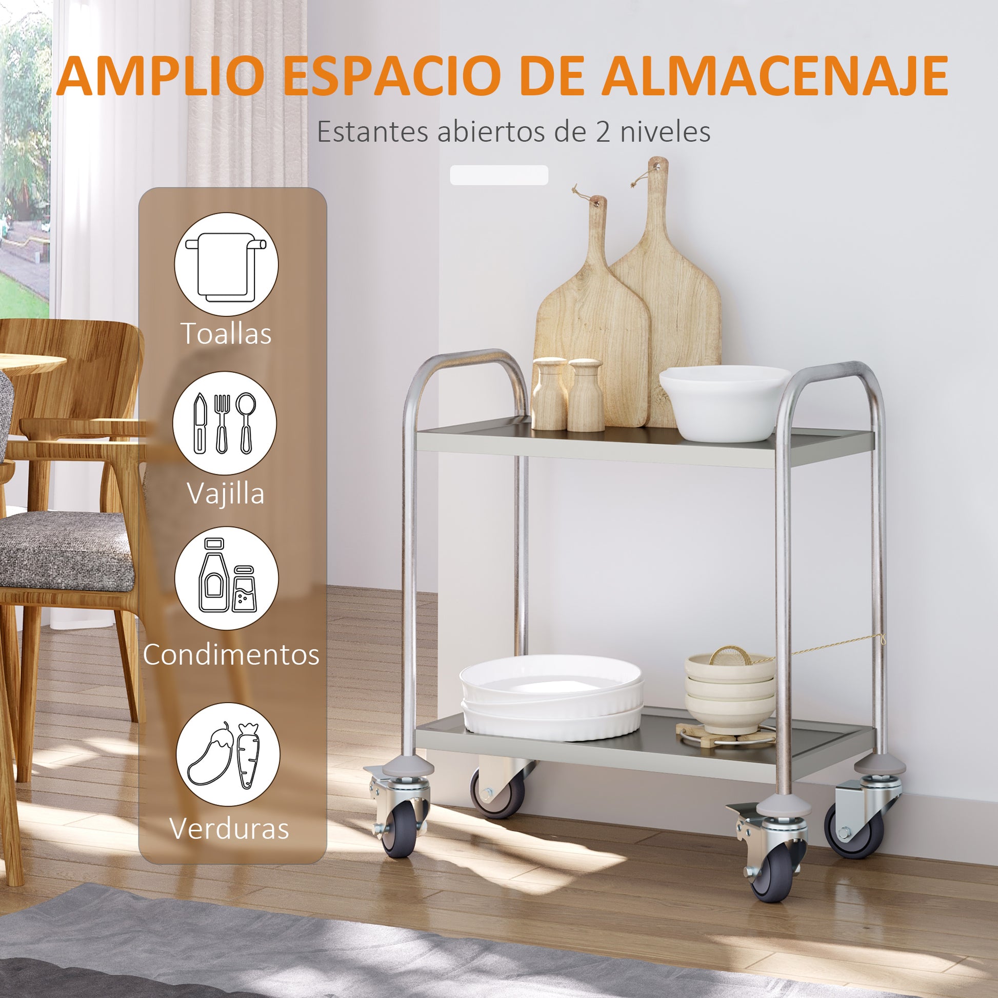 Stainless Steel Utility Cart with Wheels Kitchen Cart with Trays and 2 Arms for Dining Room Living Room 70.5x40.5x81 cm Silver