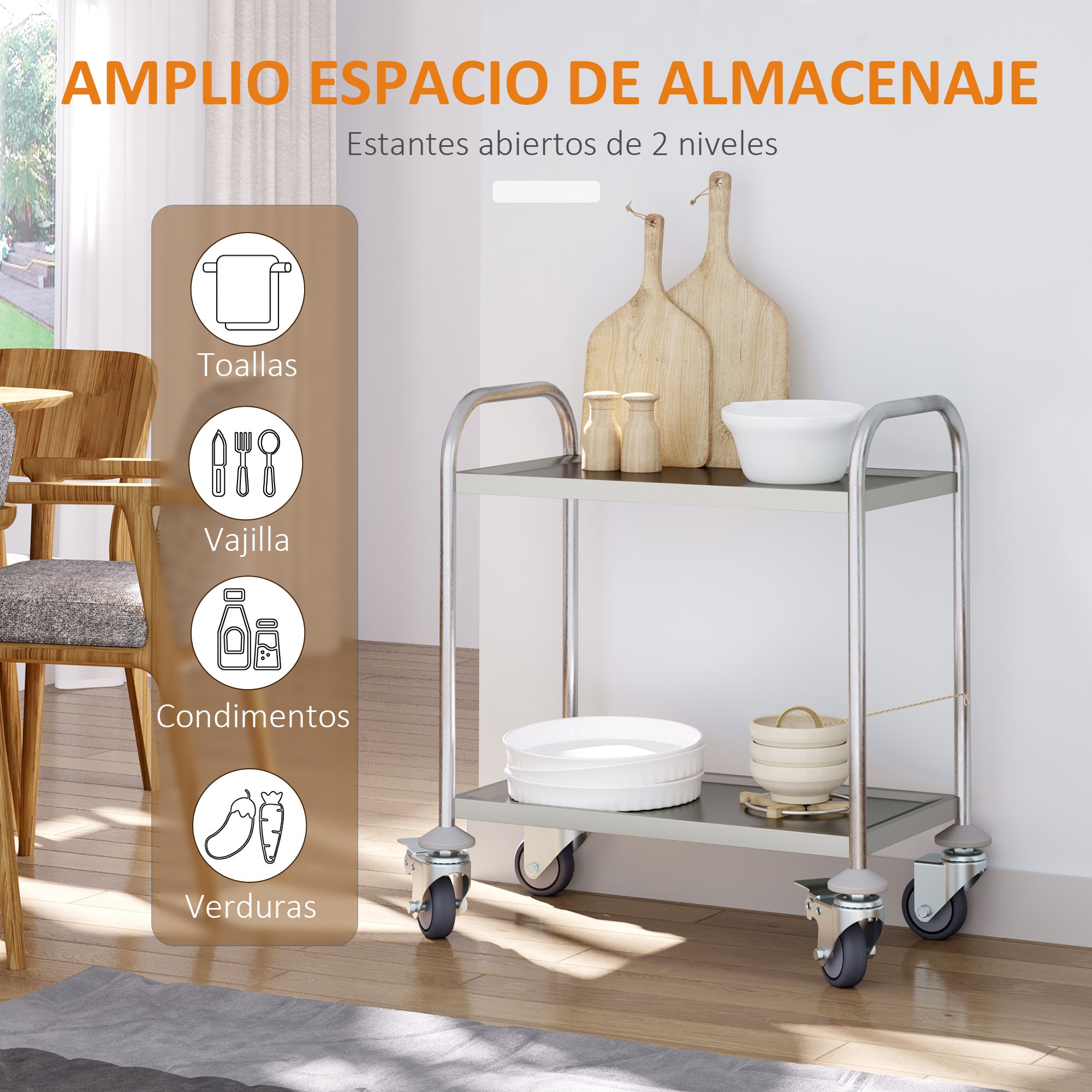 Stainless Steel Utility Cart with Wheels Kitchen Cart with Trays and 2 Arms for Dining Room Living Room 70.5x40.5x81 cm Silver