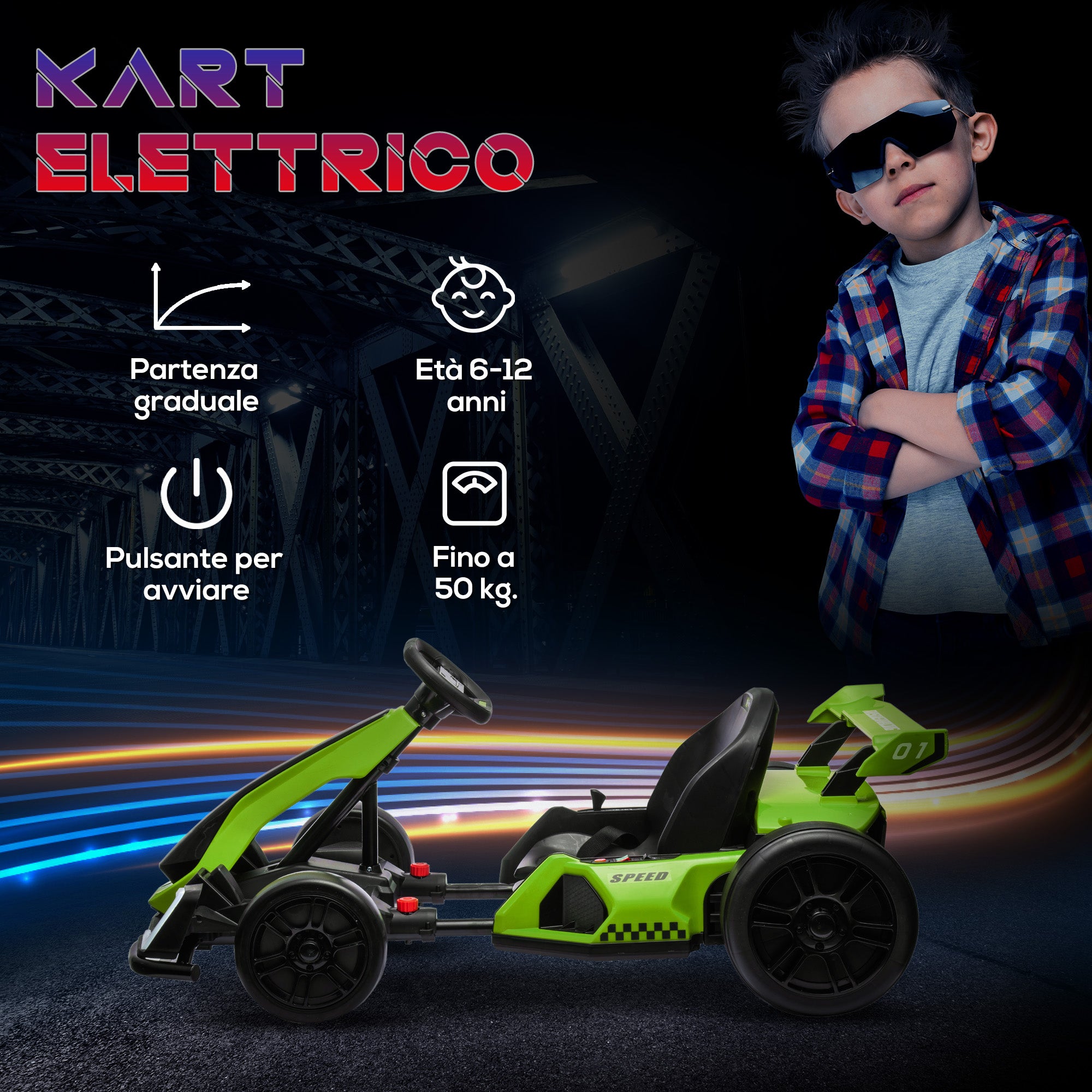 Electric Go-Kart for Kids 6-12 Years 24V 6-12km/h with Adjustable Seat, 2 Motors, Drift Go-Kart with Horn, Lights and Music, Green