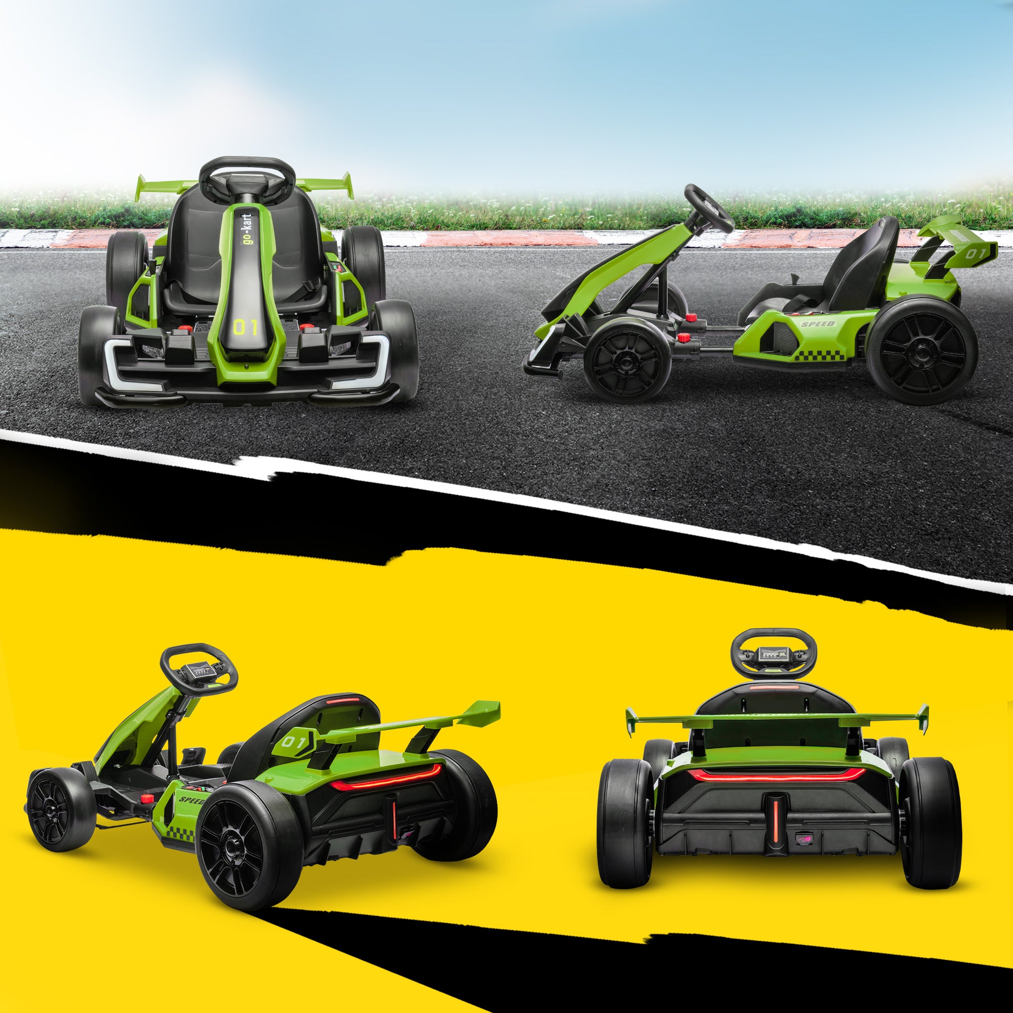 Electric Go-Kart for Kids 6-12 Years 24V 6-12km/h with Adjustable Seat, 2 Motors, Drift Go-Kart with Horn, Lights and Music, Green
