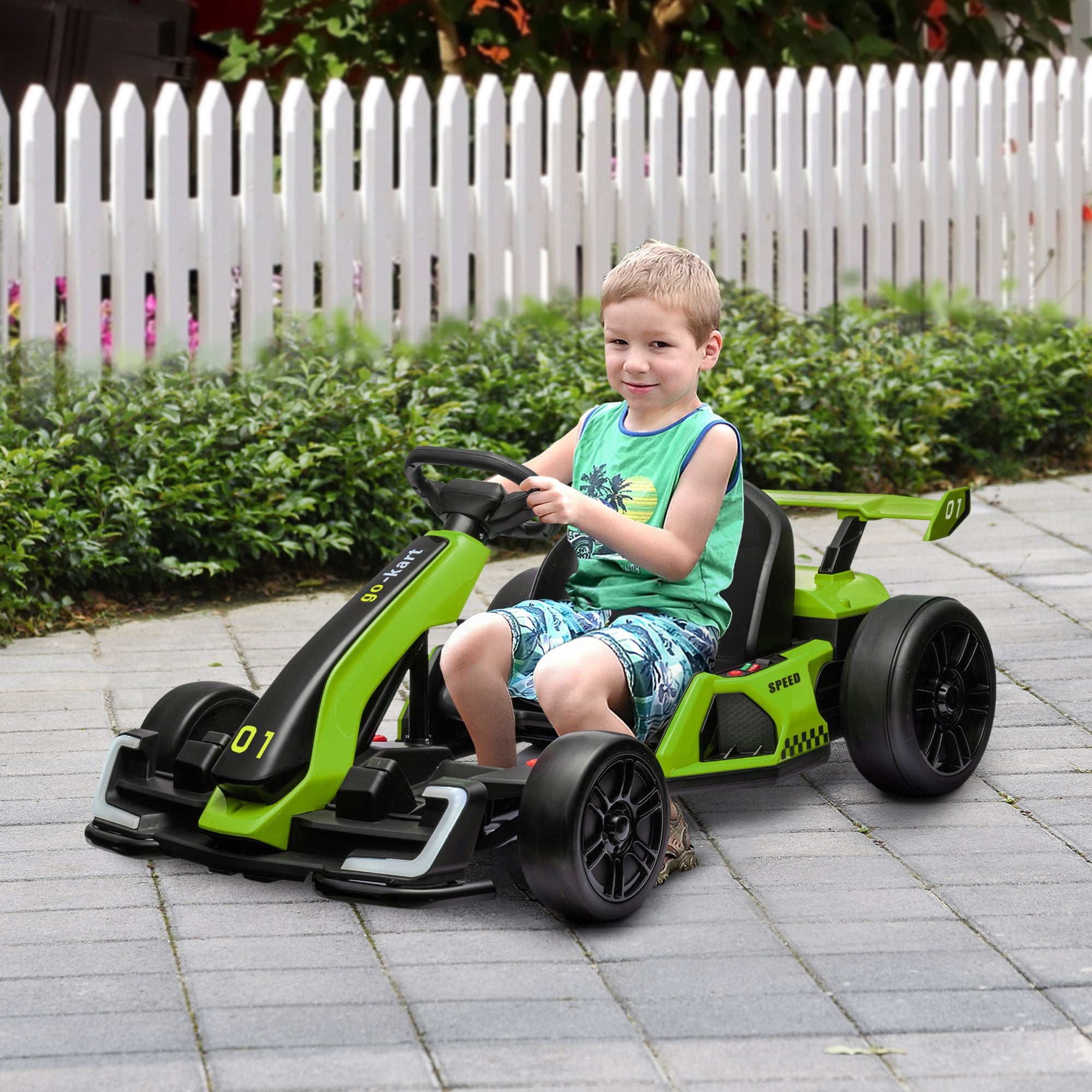 Electric Go-Kart for Kids 6-12 Years 24V 6-12km/h with Adjustable Seat, 2 Motors, Drift Go-Kart with Horn, Lights and Music, Green
