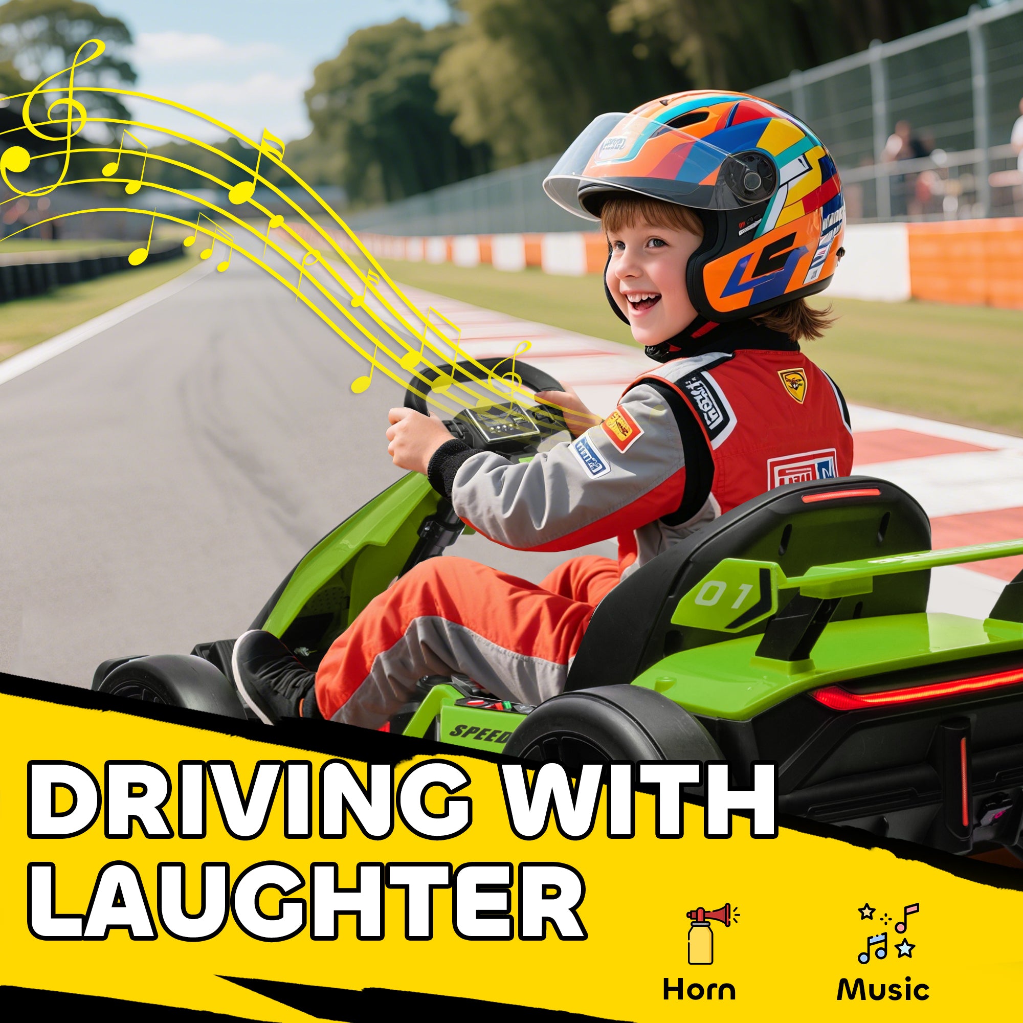 Electric Go-Kart for Kids 6-12 Years 24V 6-12km/h with Adjustable Seat, 2 Motors, Drift Go-Kart with Horn, Lights and Music, Green