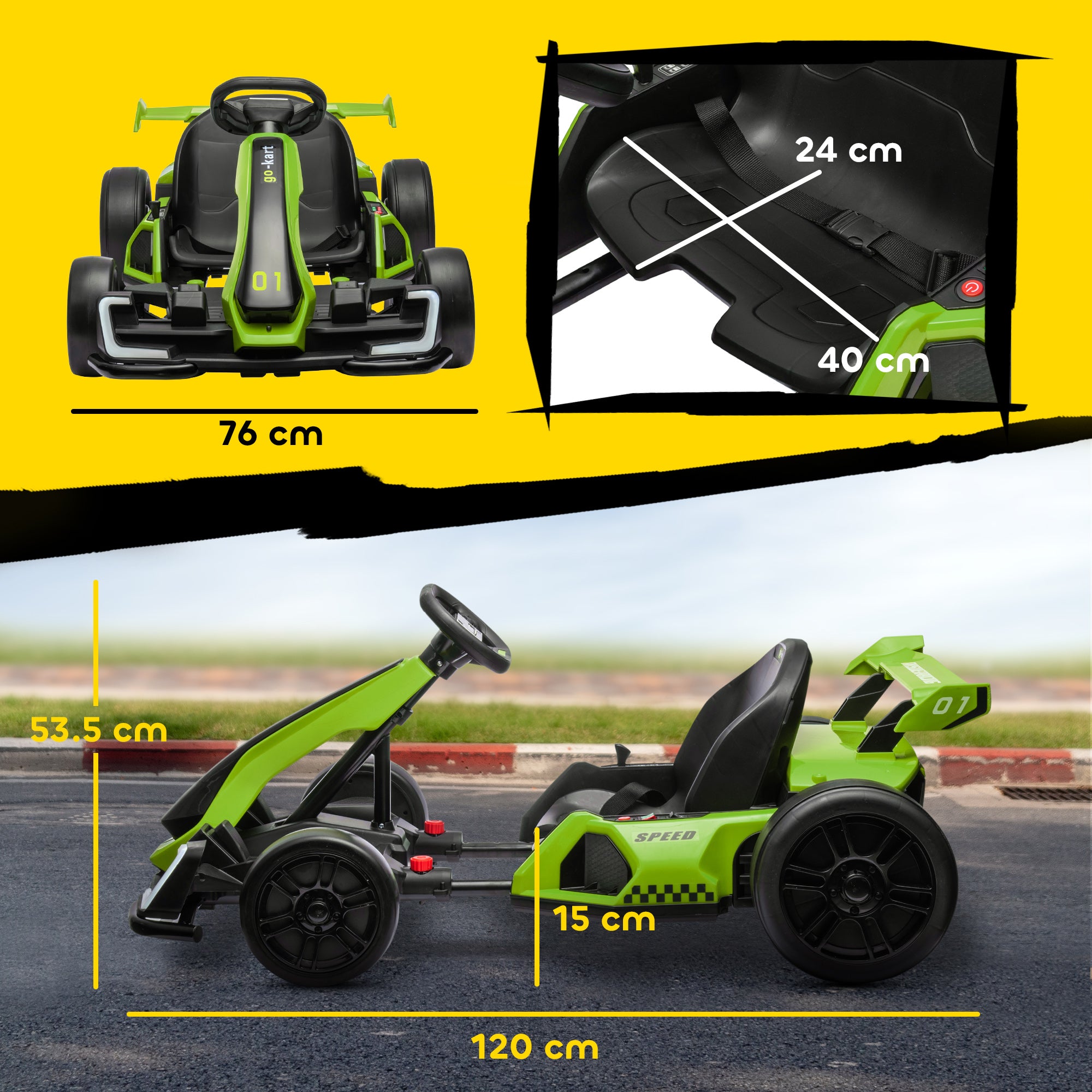 Electric Go-Kart for Kids 6-12 Years 24V 6-12km/h with Adjustable Seat, 2 Motors, Drift Go-Kart with Horn, Lights and Music, Green