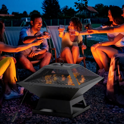 Fire Pit 45 x 45 x 34cm Stainless Steel Fire Pit with Spark Screen Poker Fire Bowls Fire Basket for Garden, Balcony, BBQ Camping Black