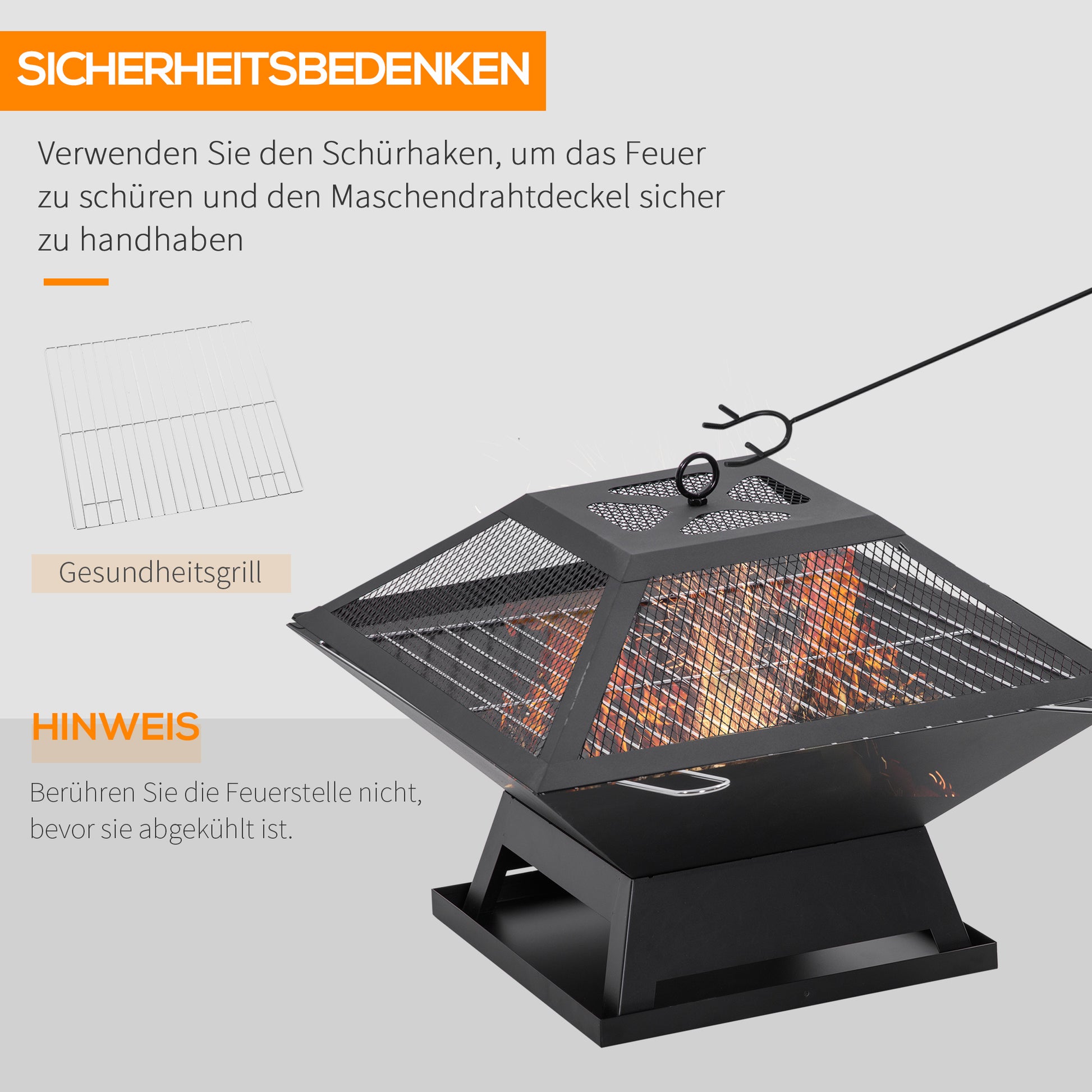 Fire Pit 45 x 45 x 34cm Stainless Steel Fire Pit with Spark Screen Poker Fire Bowls Fire Basket for Garden, Balcony, BBQ Camping Black