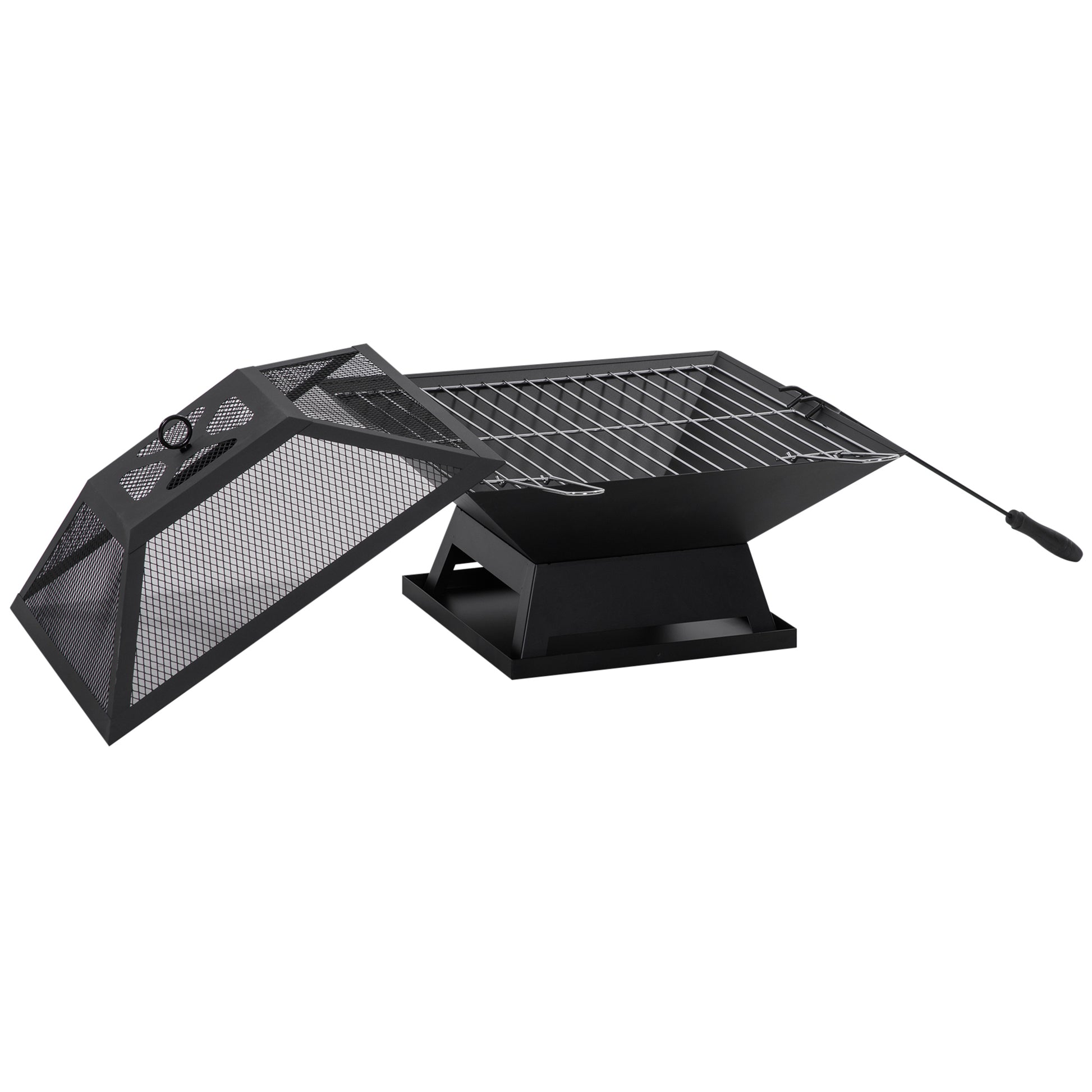 Fire Pit 45 x 45 x 34cm Stainless Steel Fire Pit with Spark Screen Poker Fire Bowls Fire Basket for Garden, Balcony, BBQ Camping Black