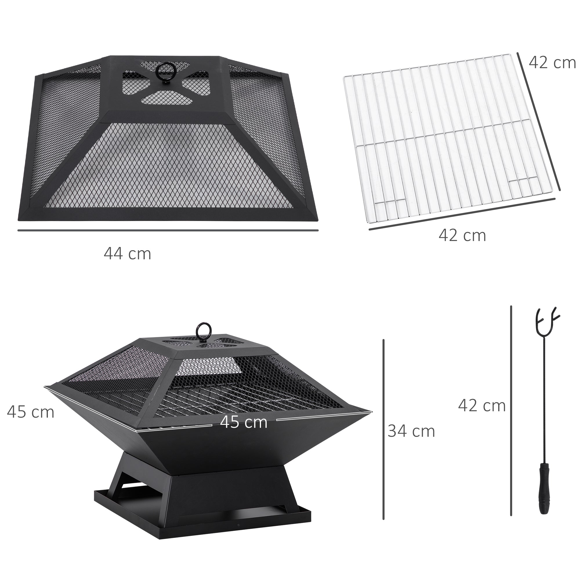 Fire Pit 45 x 45 x 34cm Stainless Steel Fire Pit with Spark Screen Poker Fire Bowls Fire Basket for Garden, Balcony, BBQ Camping Black