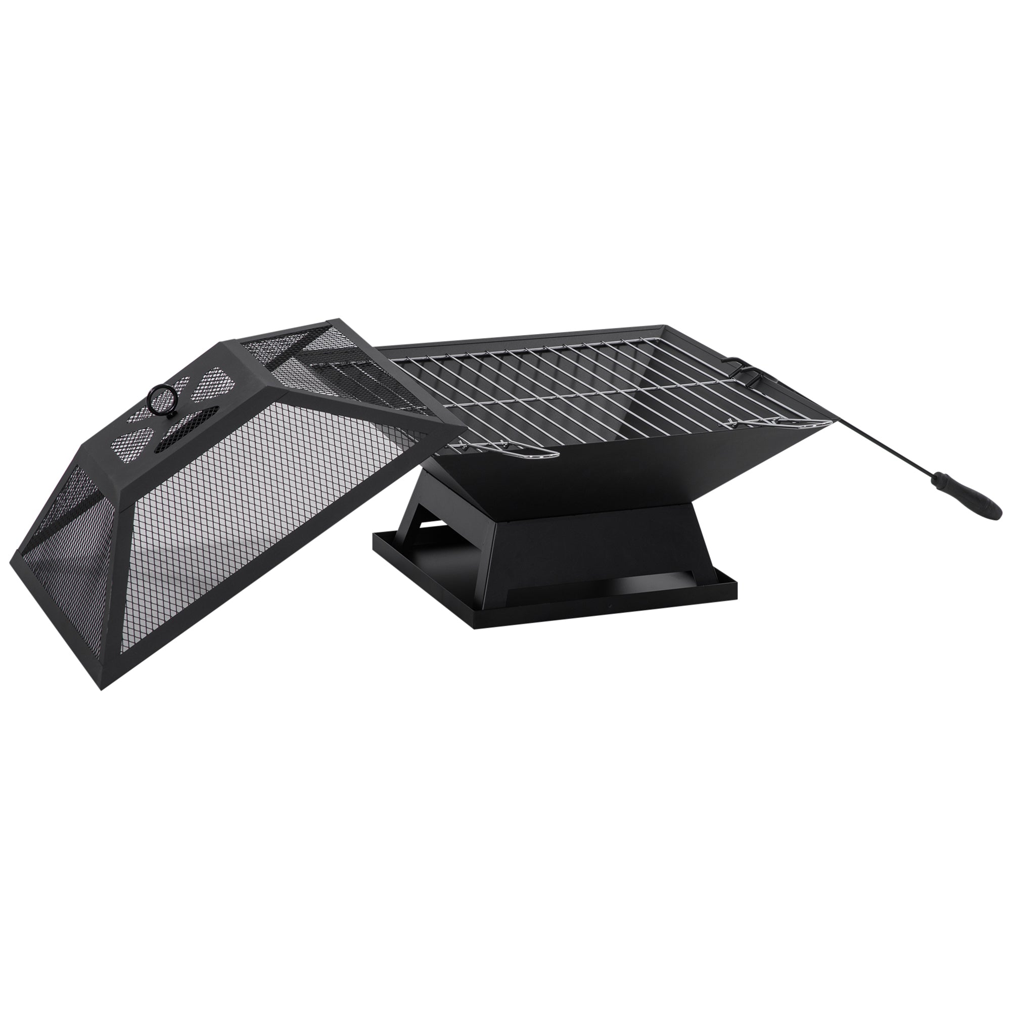 Fire Pit 45 x 45 x 34cm Stainless Steel Fire Pit with Spark Screen Poker Fire Bowls Fire Basket for Garden, Balcony, BBQ Camping Black