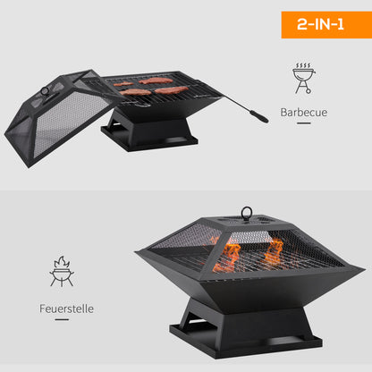 Fire Pit 45 x 45 x 34cm Stainless Steel Fire Pit with Spark Screen Poker Fire Bowls Fire Basket for Garden, Balcony, BBQ Camping Black