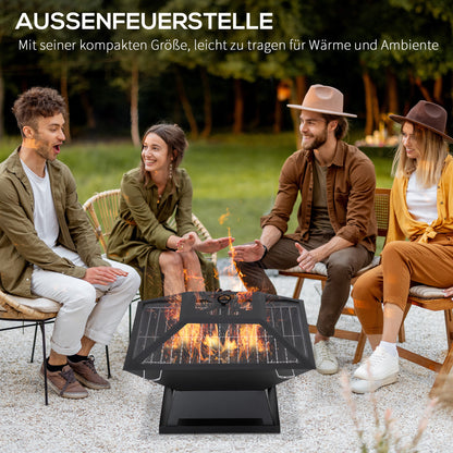 Fire Pit 45 x 45 x 34cm Stainless Steel Fire Pit with Spark Screen Poker Fire Bowls Fire Basket for Garden, Balcony, BBQ Camping Black