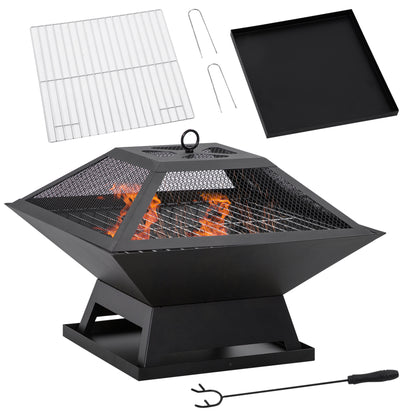 Fire Pit 45 x 45 x 34cm Stainless Steel Fire Pit with Spark Screen Poker Fire Bowls Fire Basket for Garden, Balcony, BBQ Camping Black