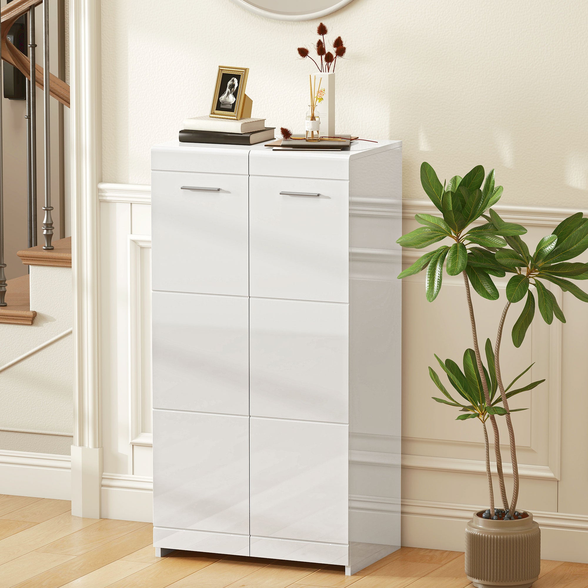 Shoe Cabinet, 2-Door 5-Tier Shoe Storage with Adjustable Shelves, Holds 10 Pairs, High-Gloss White, 21.7 x 14.2 x 42.5 in (55 x 36 x 108 cm)