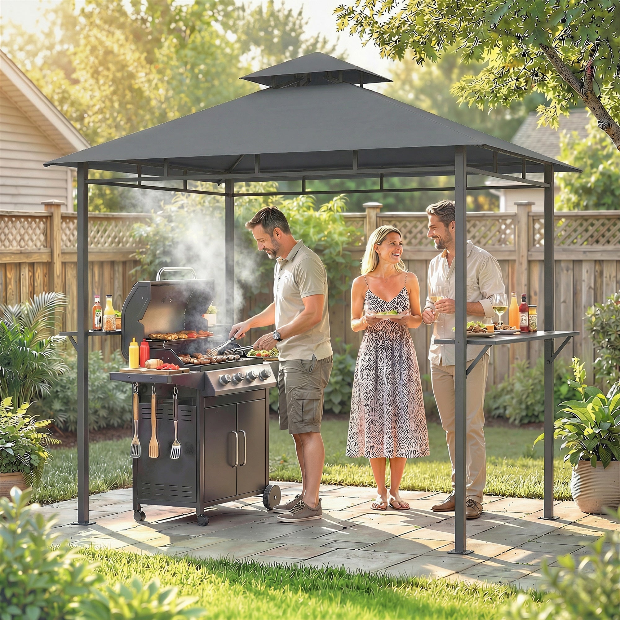 Grill Pavilion 2.4 x 1.4 m — Windproof BBQ Canopy with Double-Roof Vent, Side Shelves, UV-Resistant, Dark Gray