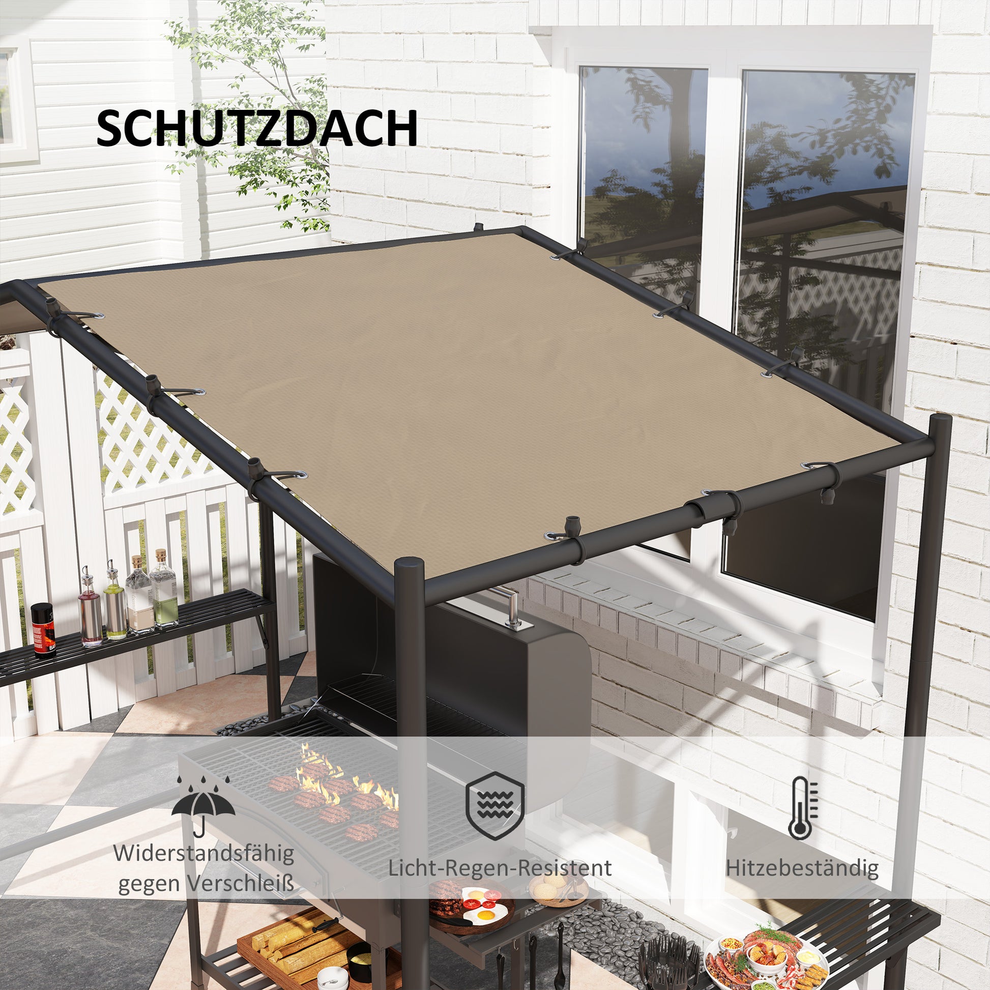 Grill Pavilion 277 x 149 x 230 cm waterproof flame-retardant garden gazebo with side shelves, garden pavilion with UV protection, BBQ pavilion made of steel, garden tent grill tent for party BBQ, Khaki