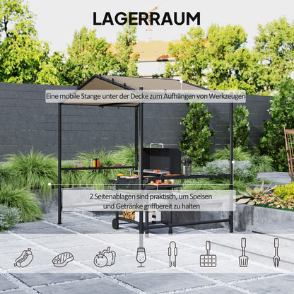 Grill Pavilion 277 x 149 x 230 cm waterproof flame-retardant garden gazebo with side shelves, garden pavilion with UV protection, BBQ pavilion made of steel, garden tent grill tent for party BBQ, Khaki