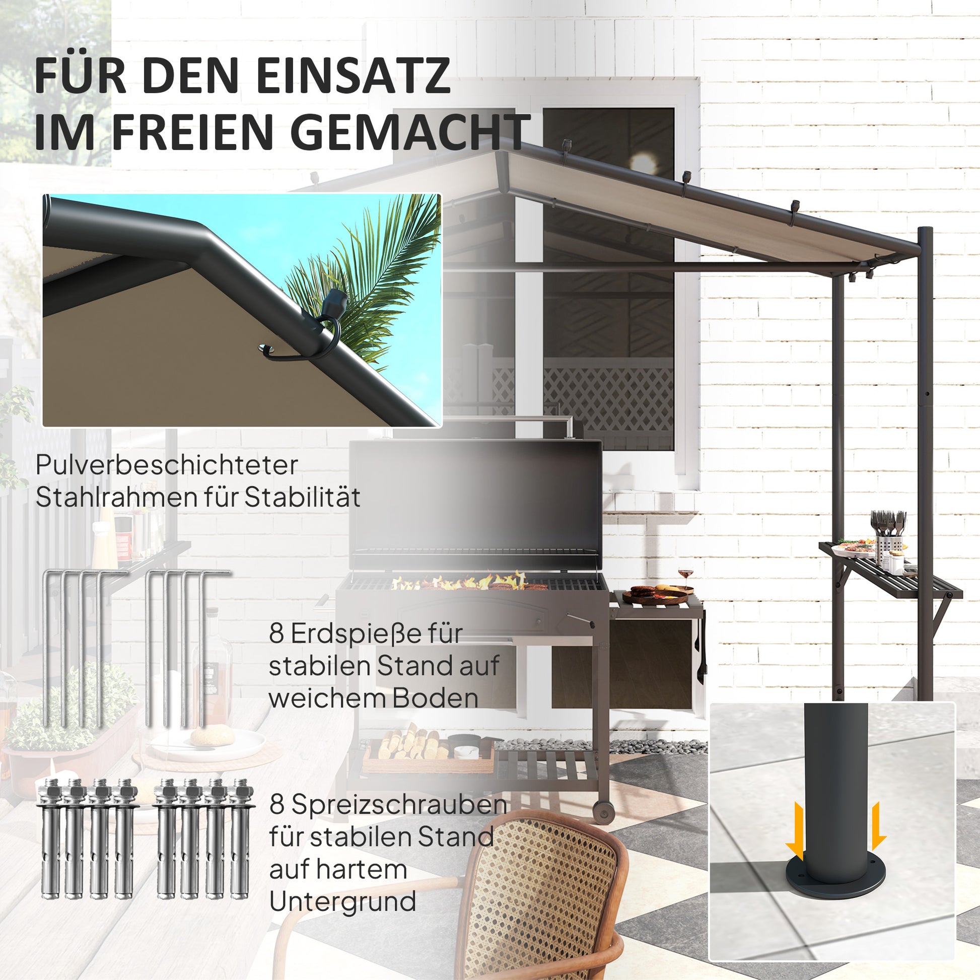Grill Pavilion 277 x 149 x 230 cm waterproof flame-retardant garden gazebo with side shelves, garden pavilion with UV protection, BBQ pavilion made of steel, garden tent grill tent for party BBQ, Khaki
