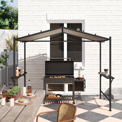 Grill Pavilion 277 x 149 x 230 cm waterproof flame-retardant garden gazebo with side shelves, garden pavilion with UV protection, BBQ pavilion made of steel, garden tent grill tent for party BBQ, Khaki