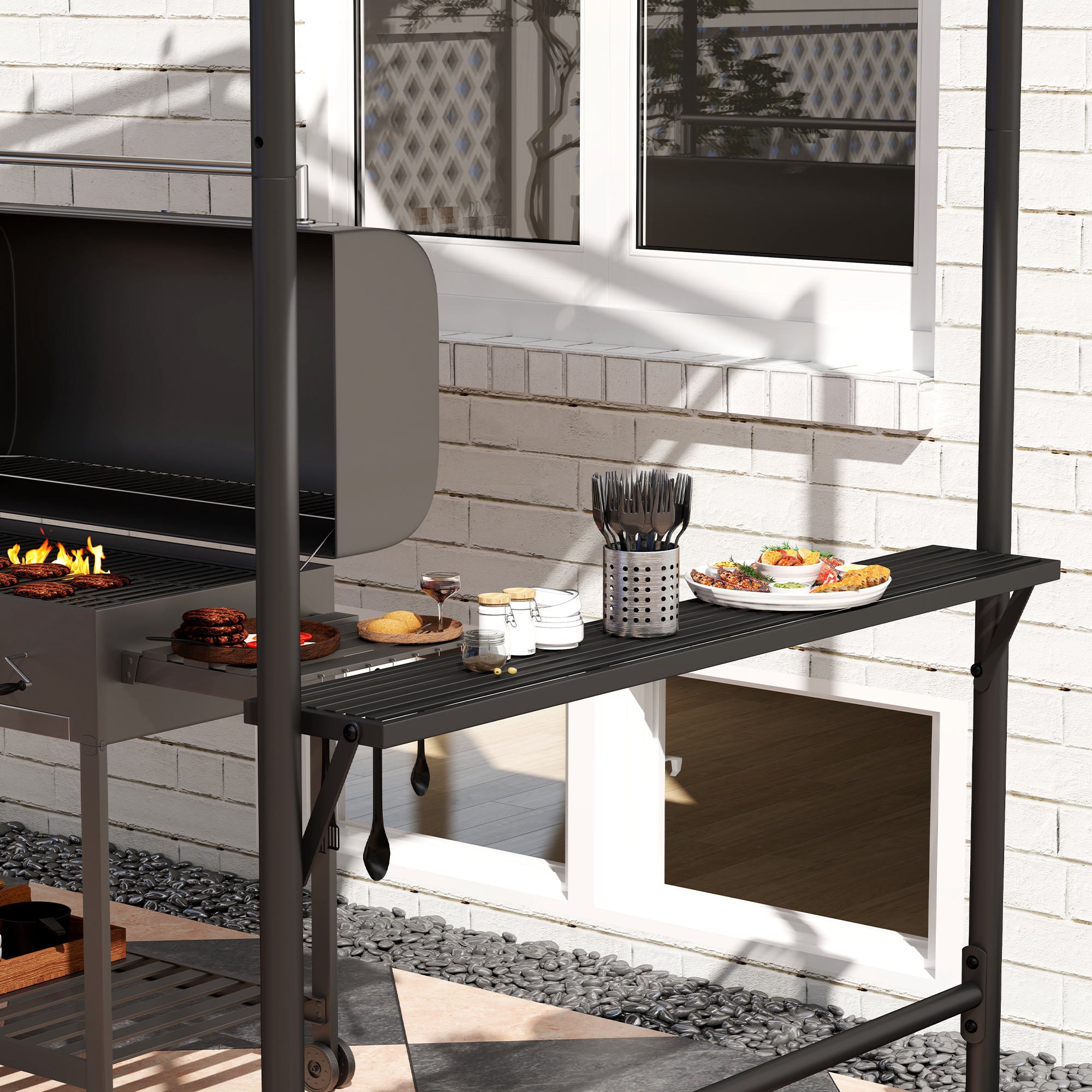 Grill Pavilion 277 x 149 x 230 cm waterproof flame-retardant garden gazebo with side shelves, garden pavilion with UV protection, BBQ pavilion made of steel, garden tent grill tent for party BBQ, Khaki